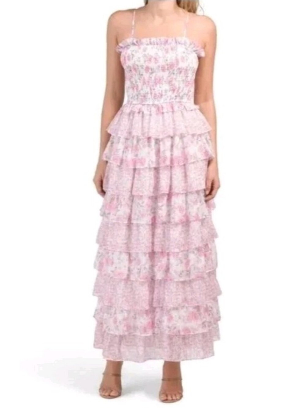 Dalia MacPhee Pink Floral Smocked Tiered Maxi Dress